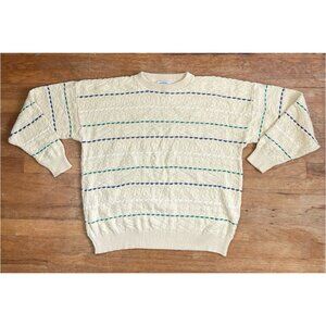 Vintage Mens Striped Cotton Sweater Size XL 1990s Pale Yellow Crew Neck Pullover